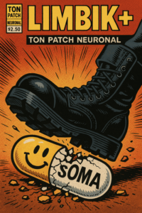 A comic book cover in the style of the 90s featuring a black SS-type military boot crushes the happy pill (soma) with the title "Limbik+ Ton Patch Neuronal."