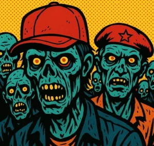 Analyse politique zombies : un zombie de droite et un zombie de gauche se faisant face.