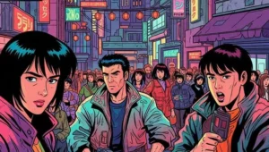 Image cyberpunk dramatique inspirée d'Akira, mettant en scène des personnages humains aux expressions intenses dans un Neo-Tokyo illuminé par des néons. Illustre les thèmes de la révolte, de la dystopie urbaine et de la tension sociale.