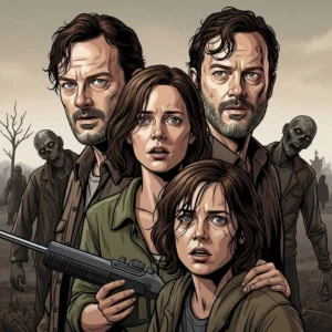 Personnages de The Walking Dead dans un style pop art, illustrant la survie humaine en milieu dystopique.